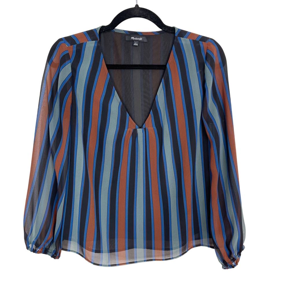 Madewell Sheer Sleeve Top in Academy Stripe Small Black Blue Green Copper Blouse